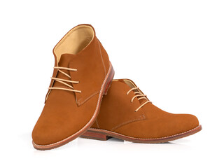 Men fashion leather brown boots isolated on white background.