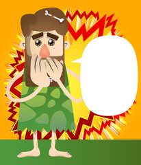 Cartoon caveman with hands over mouth. Vector illustration of a man from the stone age.