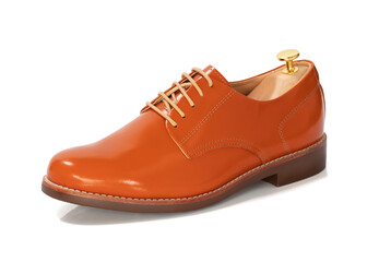 Men fashion orange shoes leather with shoe tree (shape supporter)  isolated on white background. Clipping path