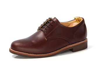 Men fashion brown shoes leather with shoe tree (shape supporter)  isolated on white background. Clipping path