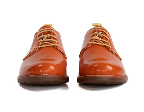 Men fashion orange shoes leather with shoe tree (shape supporter)  isolated on white background. Clipping path, front view