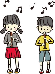 リコーダーを吹く子供達のイラスト