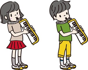 鍵盤ハーモニカを弾く子供達のイラスト