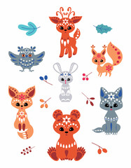 Cute woodland animals in ethnic style isolated on a white background. Colorful vector illustrations set.