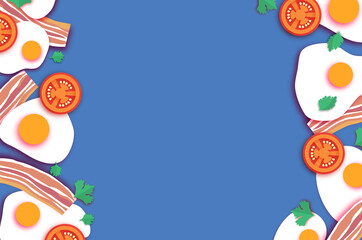 Bacon and Eggs, Tomato. Omelet papercut style. Farm products. Fast food. Natural product. Food ingredients. Slices of crisp bacon. Ham. Blue. Super breakfast