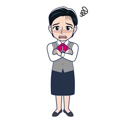 Middle-aged woman in red ribbon uniform