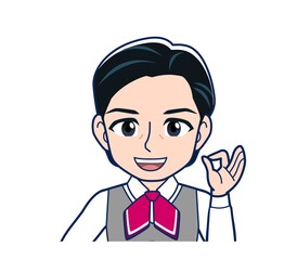 Middle-aged woman in red ribbon uniform