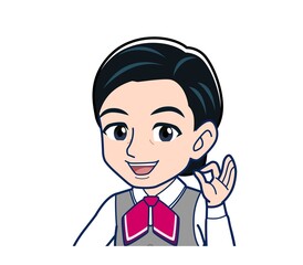 Middle-aged woman in red ribbon uniform