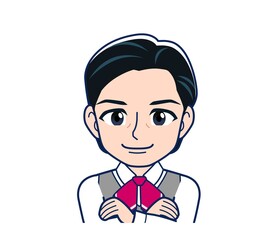 Middle-aged woman in red ribbon uniform