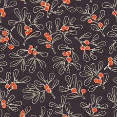 Hand Drawn Delicate Line Art Christmas Mistletoe Foliage Vector Seamless Pattern on Dark Background. Modern Detailed Red Berries Winter Holiday Print . Perfect for Invitations, Gift Paper, Stationery