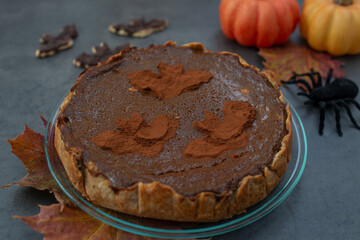 Fototapeta na wymiar Delicious home made chocolate pumokin pie for halloween