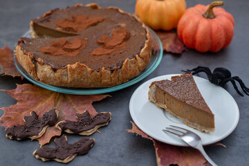 Fototapeta na wymiar Delicious home made chocolate pumokin pie for halloween
