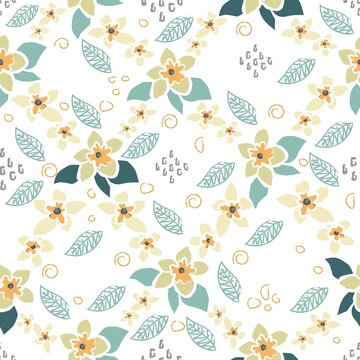 Seamless Pattern With Elegant flowers. Pastel Coloring. Scandinavian Hand Drawn Style