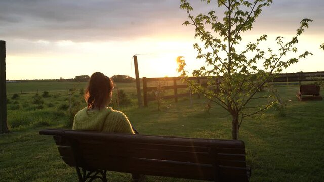 Young woman looking at the sunset on a farm, rear view