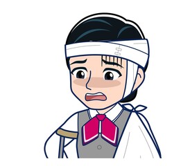 Middle-aged woman in red ribbon uniform