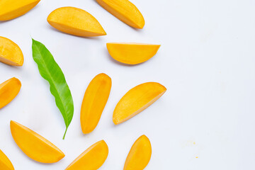 Tropical fruit, Mango slices on white background.