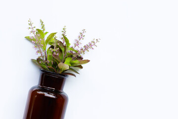 Essential oil bottle with fresh holy basil leaves and flower on white