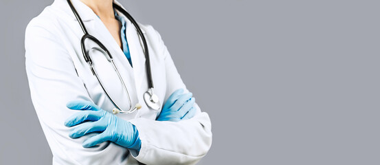 Female Doctor with crossed hands over grey background. Impersonal no face. Medical banner. Copy space. Book appointment or checkup time reminder. Doctors advice