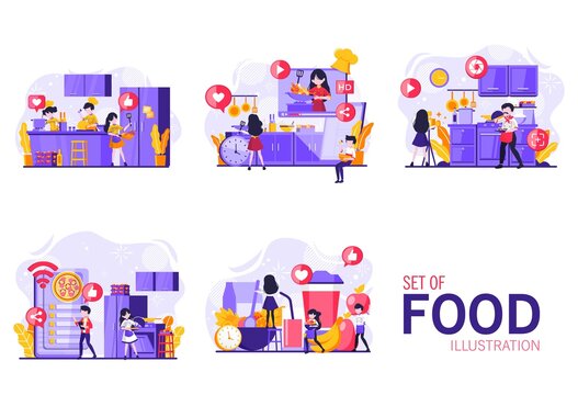 collection of themed designs about food with the concept of tiny people illustration. Vector illustration