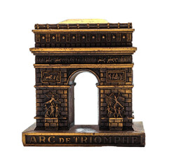 Fototapeta premium A bronze copy of the Arc de Triomphe de l'Etoile (translate: 'Triumphal Arch of the Star square'), Paris. Object is isolated on the white background.