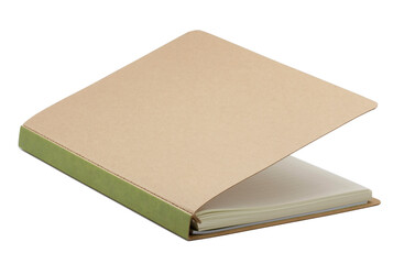 Brown notebook with green spine isolated on white background