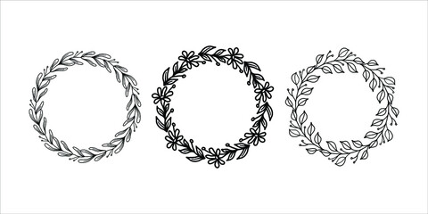 Hand drawn wreaths vector for wedding invitations and lettering decorations. a collection of circular bouquets drawn for romantic and rusty designs