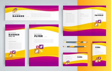 Waves curves theme Set vector flyer cover, tri-fold, banner, roll up banner, business card
