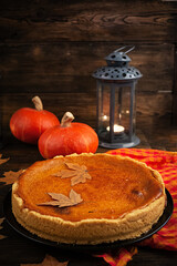 Delicious pumpkin tart. Homemade pie for Thanksgiving Day or Halloween. Autumn concept