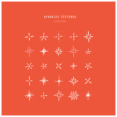 Set of 25 different stars and sparkles, snowflakes. Bundle of various shining textures and decorations. Vector hand drawn elements.
