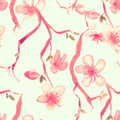 Fototapeta na wymiar Yellow Watercolor Blossom Flower. Seamless Apple 