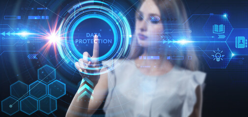 Business, technology, internet and network concept. Young businessman thinks over the steps for successful growth: Data protection