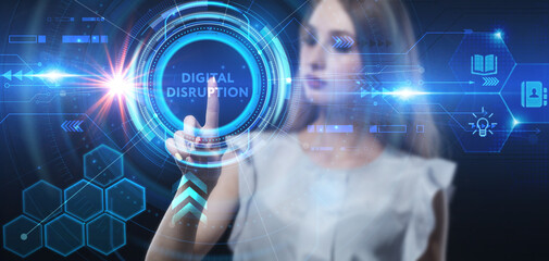 Business, technology, internet and network concept. Young businessman thinks over the steps for successful growth: Digital disruption