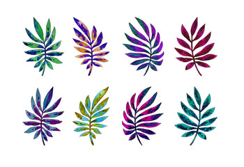 Fototapeta na wymiar set of eight multicolored tropical leaves painted in watercolor on a white background