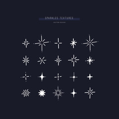 Set of 20 different stars and sparkles. Bundle of various shining textures and decorations. Vector hand drawn elements. 