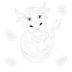 Cute bull with daisies . Linear art. Coloring page.