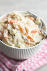 Coleslaw. Salad made of shredded white cabbage and grated carrot with mayonnaise.