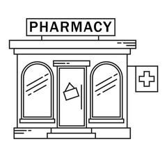 Pharmacy building line medicine concept. Architectural form can be used for website design, infographics and as an icon. Vector illustration isolated on white background.