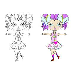 Beautiful little girl. Big cartoon eyes and head. Hand drawn contour vector illustration for coloring book, children game, tattoo.