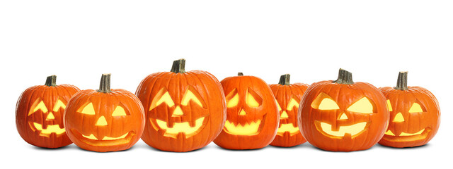 Set of carved Halloween pumpkins on white background. Banner design