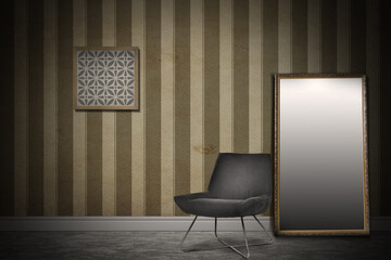 Chair, mirror near wall with picture and patterned wallpaper. Stylish room interior
