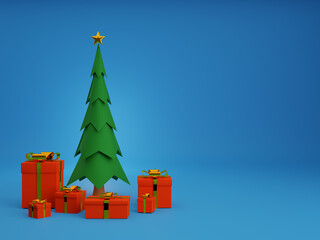 Christmas trees surrounded by gift boxes, on a blue background.3D