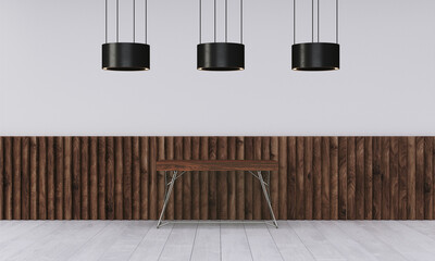 Modern workspace with desk and lamp in minimalistic interior