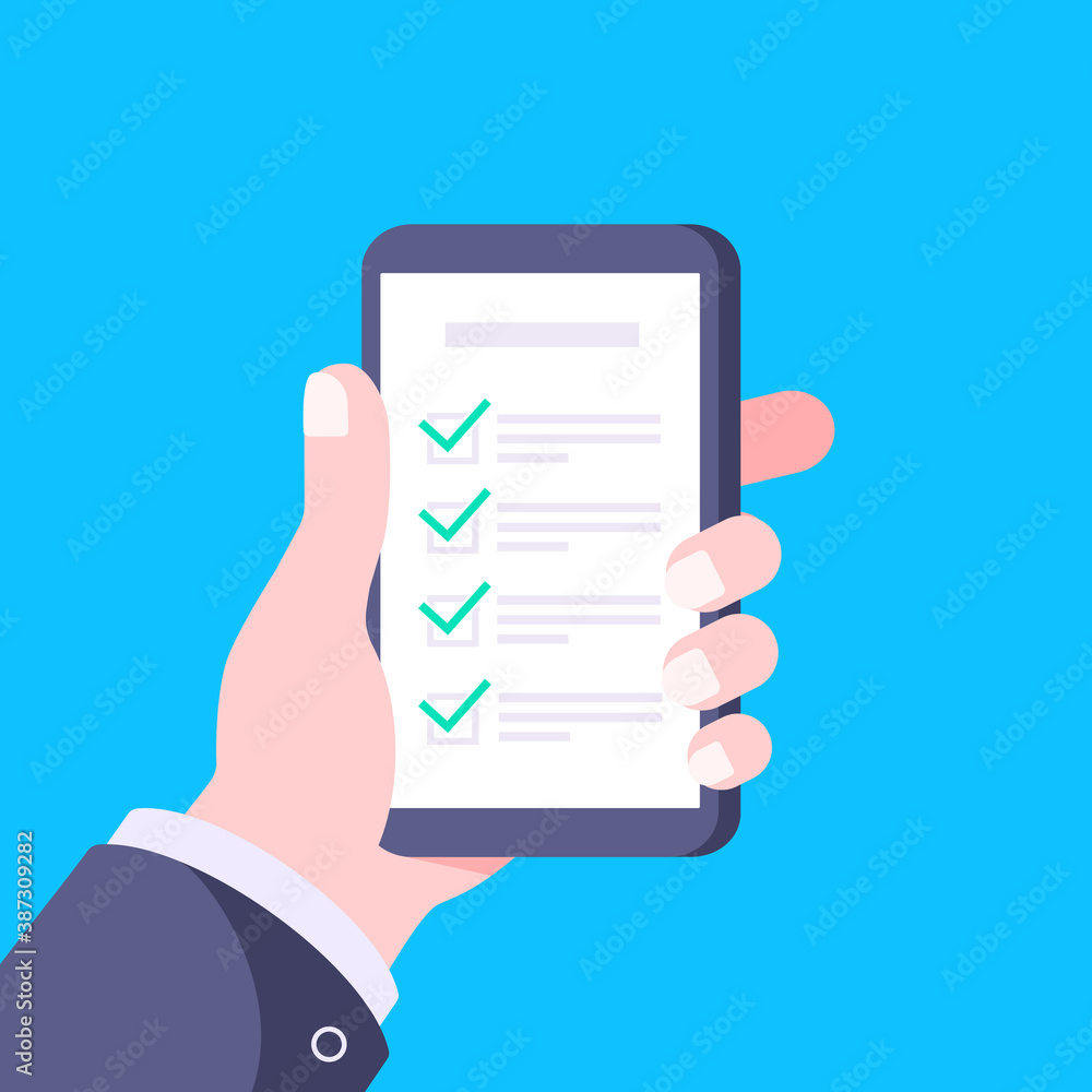 Poster hand holds smartphone with complete checklist with check marks tick icon vector illustration. techno