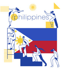Group of office workers climbing the stairs of success with national flag and geometrical elements isolated on white background :  Vector Illustration