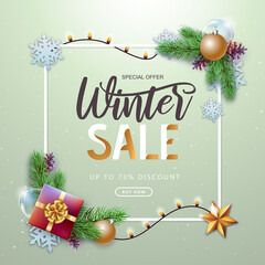 Fototapeta na wymiar Christmas holiday background with fir tree, snowflakes, lights, pine cones and gift boxes. Winter big sale poster.