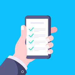 Hand holds smartphone with complete checklist with check marks tick icon vector illustration. Technology concept of online survey isolated on blue background.