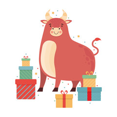 Cute cartoon bull with lots of gifts. Happy ox celebrates birthday. Funny cow character. Symbol of the 2021 New year. Holiday card or banner for Christmas, new year, bday. Vector flat illustration