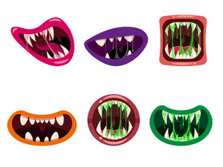 Set Monsters mouths creepy and scary. Funny jaws teeths tongue creatures expression monster horror saliva slime © hadeev