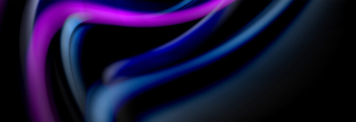 Dynamic motion abstract background. Color blurred stripes on black. Wave liquid lines poster. Vector illustration