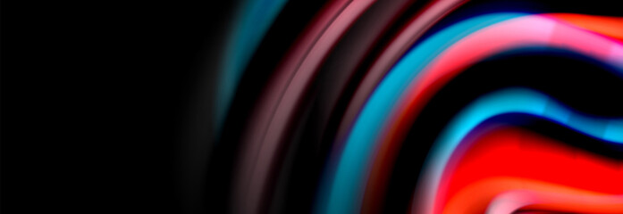 Dynamic motion abstract background. Color blurred stripes on black. Wave liquid lines poster. Vector illustration